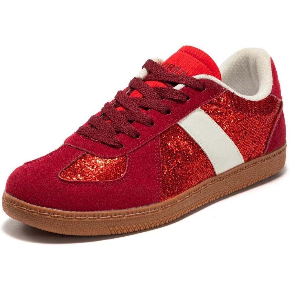 Women’s Red Glitter Sparkly Fashion Trainers Gum Sole Cushioned Insole Sneakers